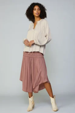 Long Sleeve Tops-Current Air Gathered Split Neck Blouse LIGHTTAUPE