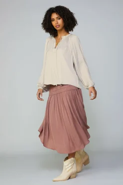 Long Sleeve Tops-Current Air Gathered Split Neck Blouse LIGHTTAUPE