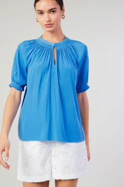 Short Sleeve Tops-Current Air Gathered Yoke Blouse FADEDBLUE