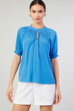 Short Sleeve Tops-Current Air Gathered Yoke Blouse FADEDBLUE