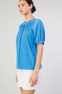 Short Sleeve Tops-Current Air Gathered Yoke Blouse FADEDBLUE