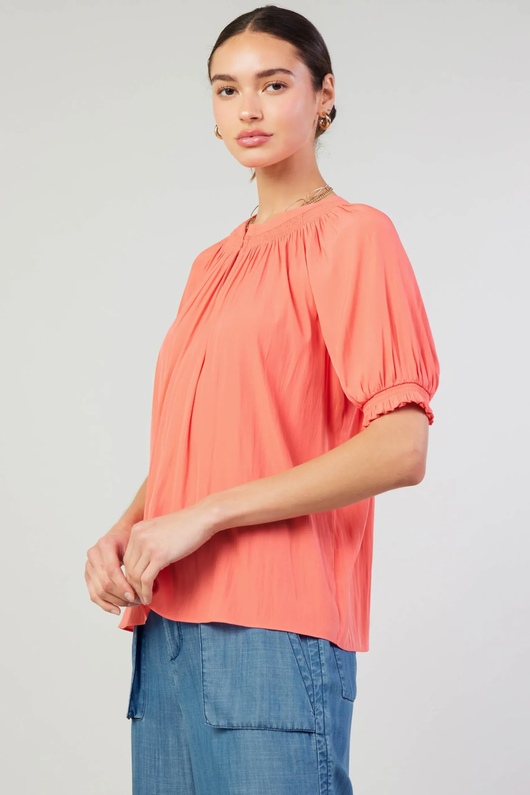 Short Sleeve Tops-Current Air Gathered Yoke Blouse CORAL