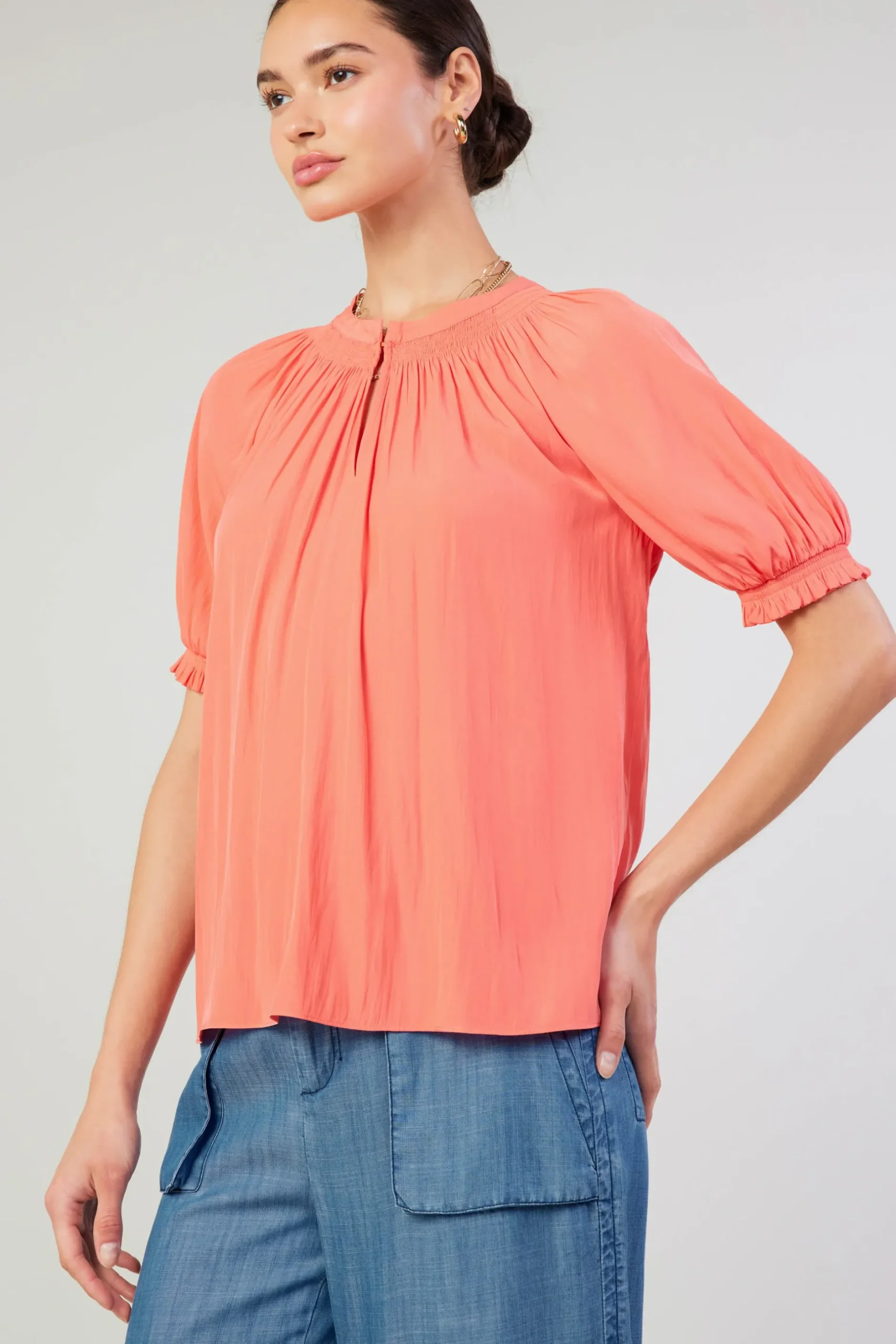 Short Sleeve Tops-Current Air Gathered Yoke Blouse CORAL