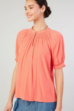 Short Sleeve Tops-Current Air Gathered Yoke Blouse CORAL