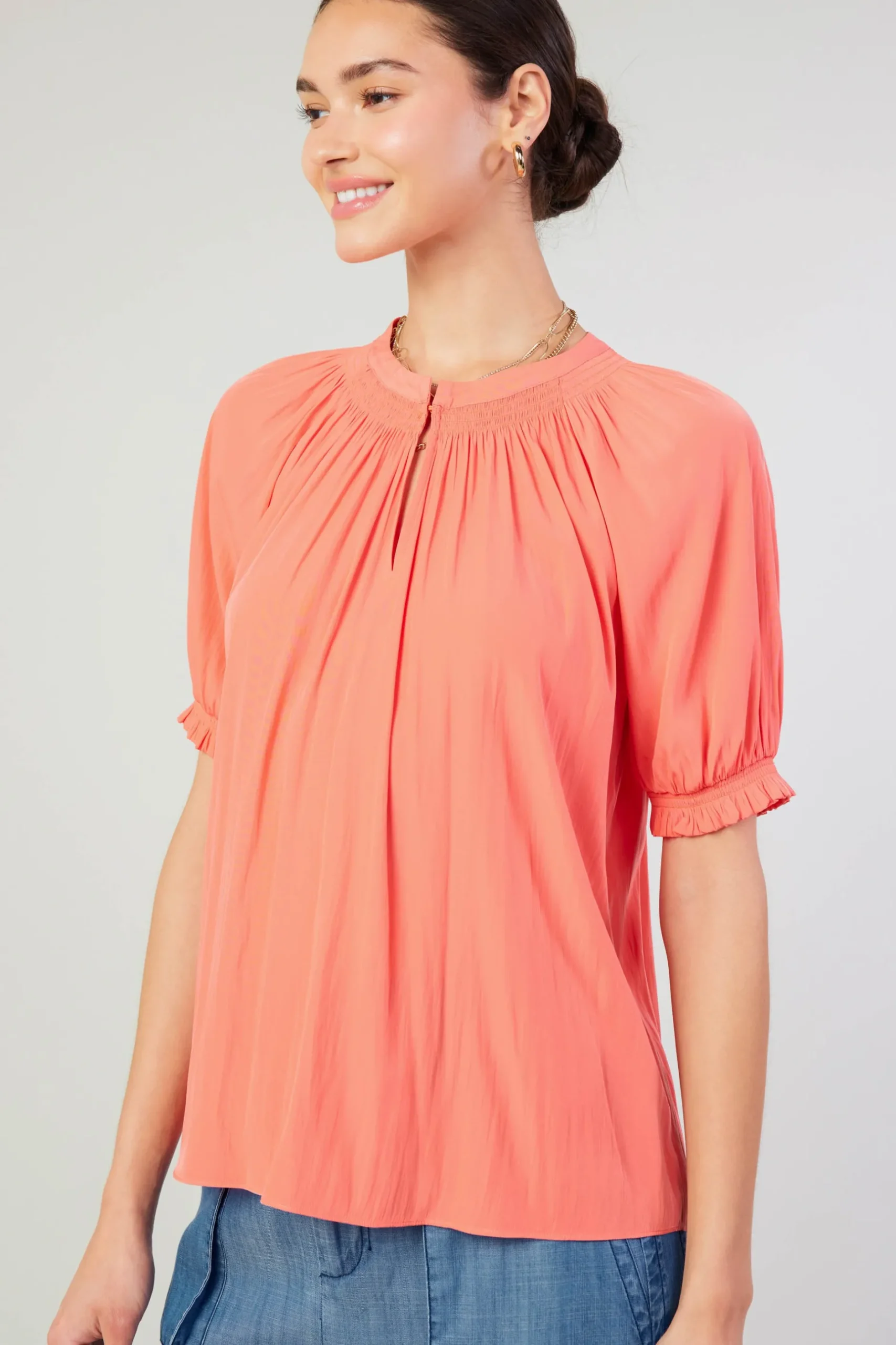Short Sleeve Tops-Current Air Gathered Yoke Blouse CORAL
