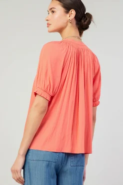 Short Sleeve Tops-Current Air Gathered Yoke Blouse CORAL