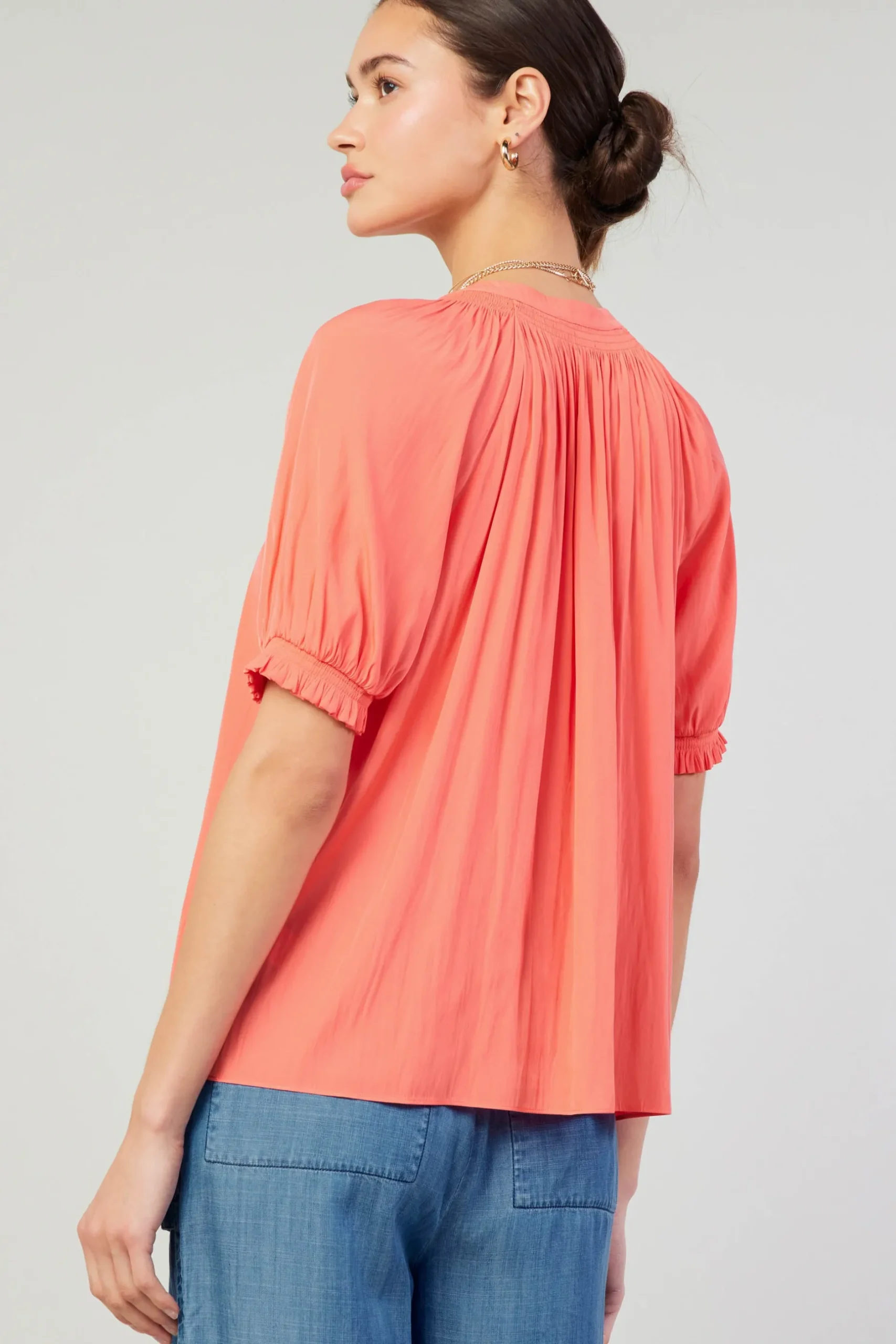 Short Sleeve Tops-Current Air Gathered Yoke Blouse CORAL