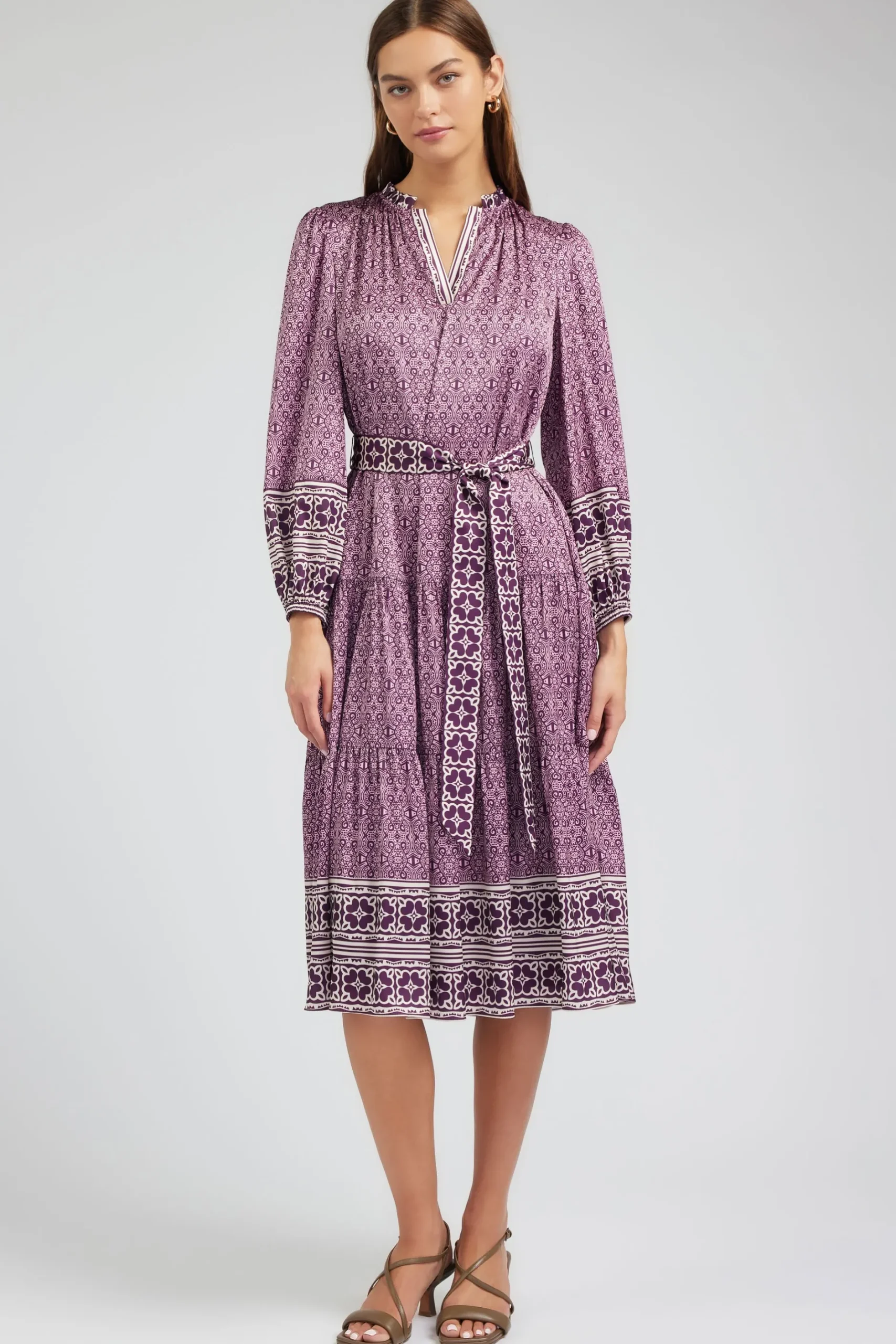 Maxi Dresses|Midi Dresses-Current Air Geo Printed Belted Midi Dress PURPLEMLT