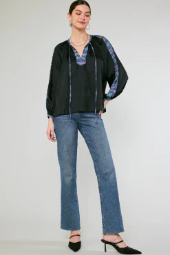 Long Sleeve Tops-Current Air Geometric Patterned Blouse BLACK