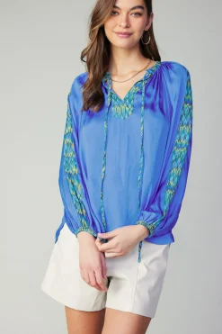 Long Sleeve Tops-Current Air Geometric Patterned Blouse BLUE
