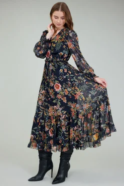 Maxi Dresses-Current Air Glimmer Botanical Maxi Dress NAVYMLT