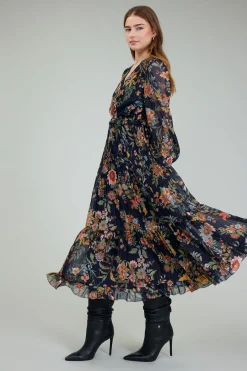 Maxi Dresses-Current Air Glimmer Botanical Maxi Dress NAVYMLT