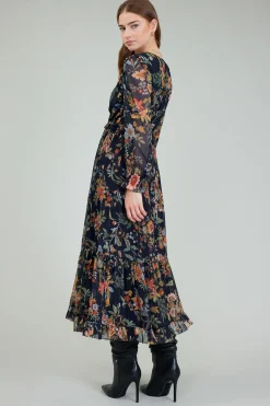Maxi Dresses-Current Air Glimmer Botanical Maxi Dress NAVYMLT