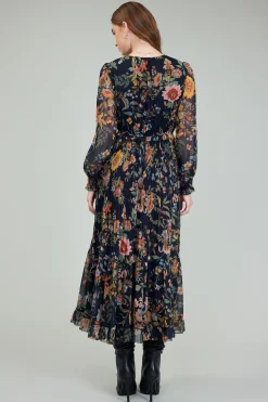 Maxi Dresses-Current Air Glimmer Botanical Maxi Dress NAVYMLT