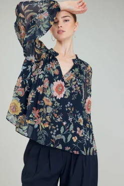 Long Sleeve Tops-Current Air Glimmer Botanical Pleated Blouse NAVYMLT