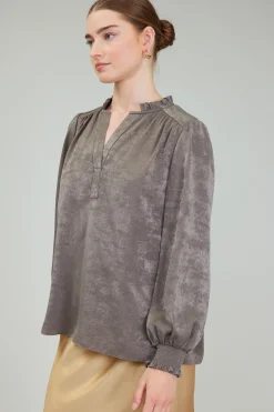 Long Sleeve Tops-Current Air Glimmer Smocked Cuff Blouse DARKOLIVE