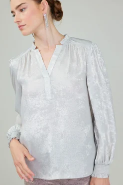 Long Sleeve Tops-Current Air Glimmer Smocked Cuff Blouse OYSTER