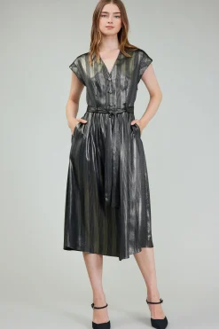 Midi Dresses-Current Air Glimmer Striped Midi Dress BLACKGOLD