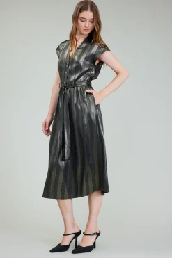 Midi Dresses-Current Air Glimmer Striped Midi Dress BLACKGOLD