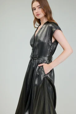 Midi Dresses-Current Air Glimmer Striped Midi Dress BLACKGOLD