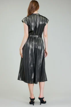 Midi Dresses-Current Air Glimmer Striped Midi Dress BLACKGOLD