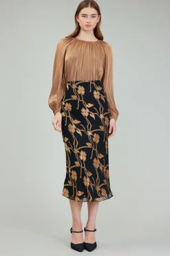 Skirts-Current Air Gold Floral Midi Skirt BLACKGOLD