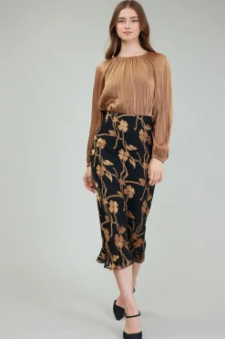 Skirts-Current Air Gold Floral Midi Skirt BLACKGOLD