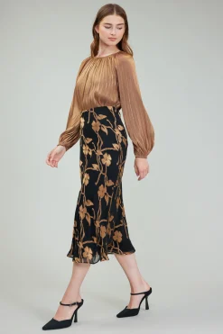 Skirts-Current Air Gold Floral Midi Skirt BLACKGOLD
