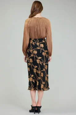 Skirts-Current Air Gold Floral Midi Skirt BLACKGOLD