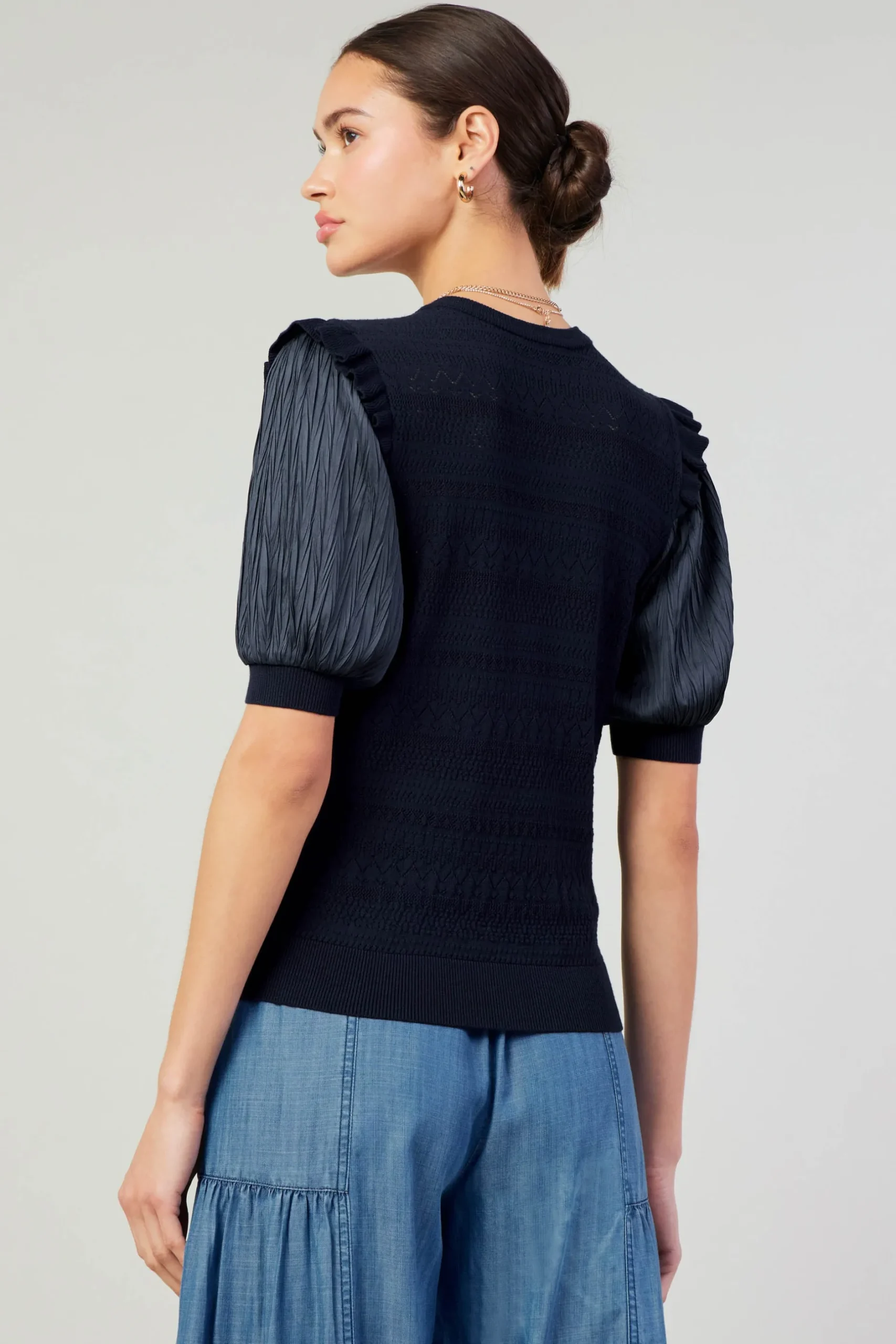 Knitwear|Short Sleeve Tops-Current Air Half Sleeve Contrast Top NAVY