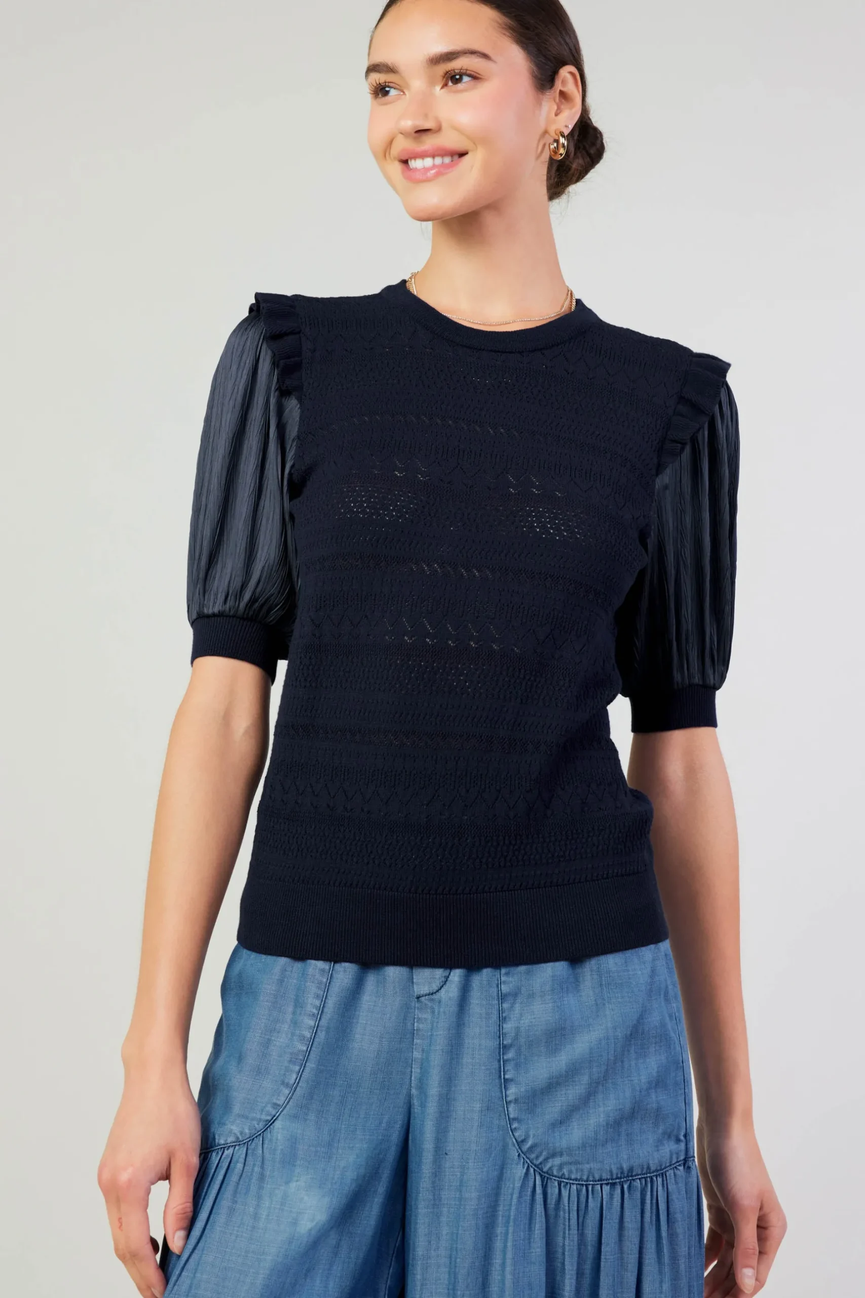 Knitwear|Short Sleeve Tops-Current Air Half Sleeve Contrast Top NAVY