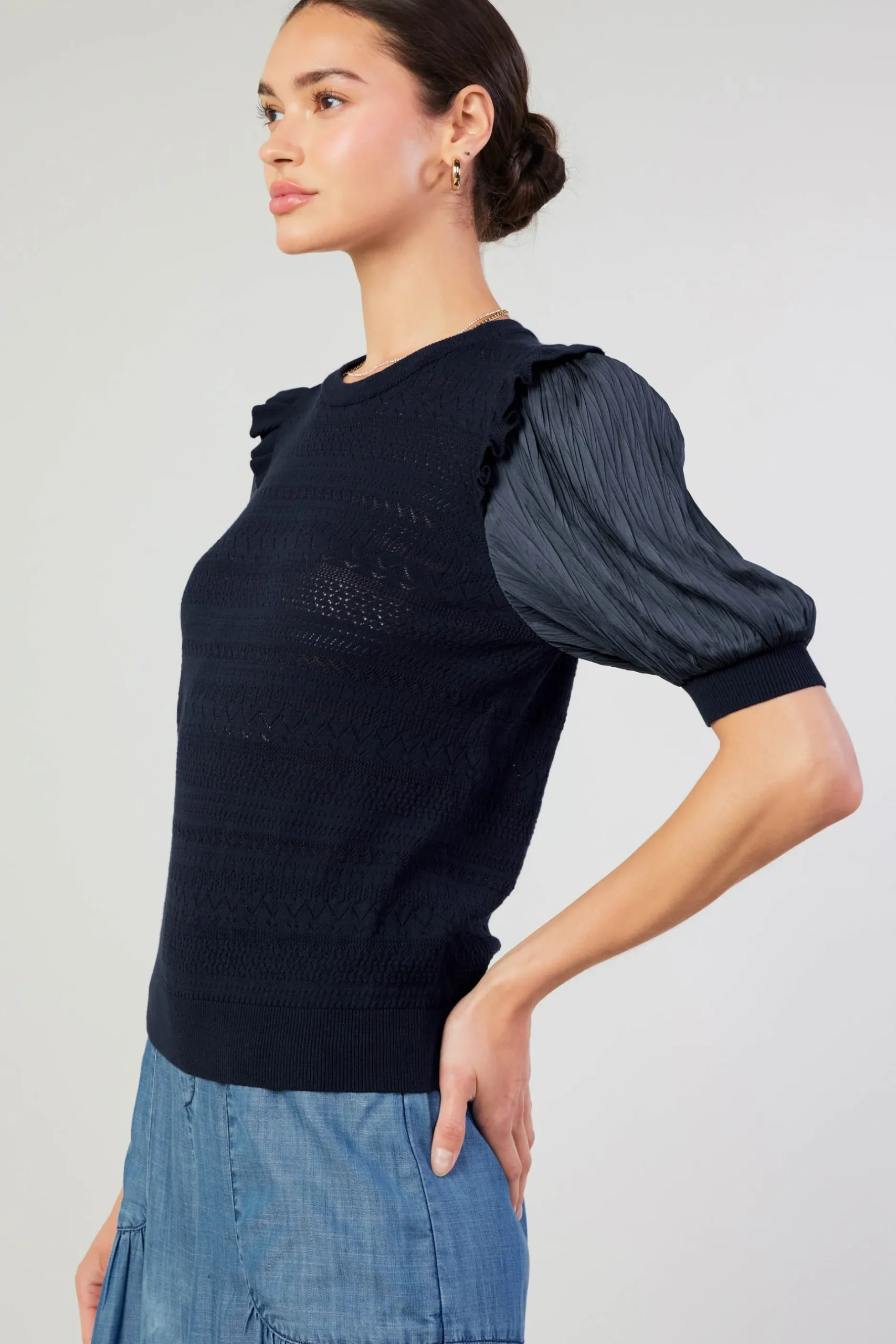 Knitwear|Short Sleeve Tops-Current Air Half Sleeve Contrast Top NAVY