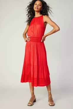 Midi Dresses-Current Air Halter Smocked Midi Dress RED