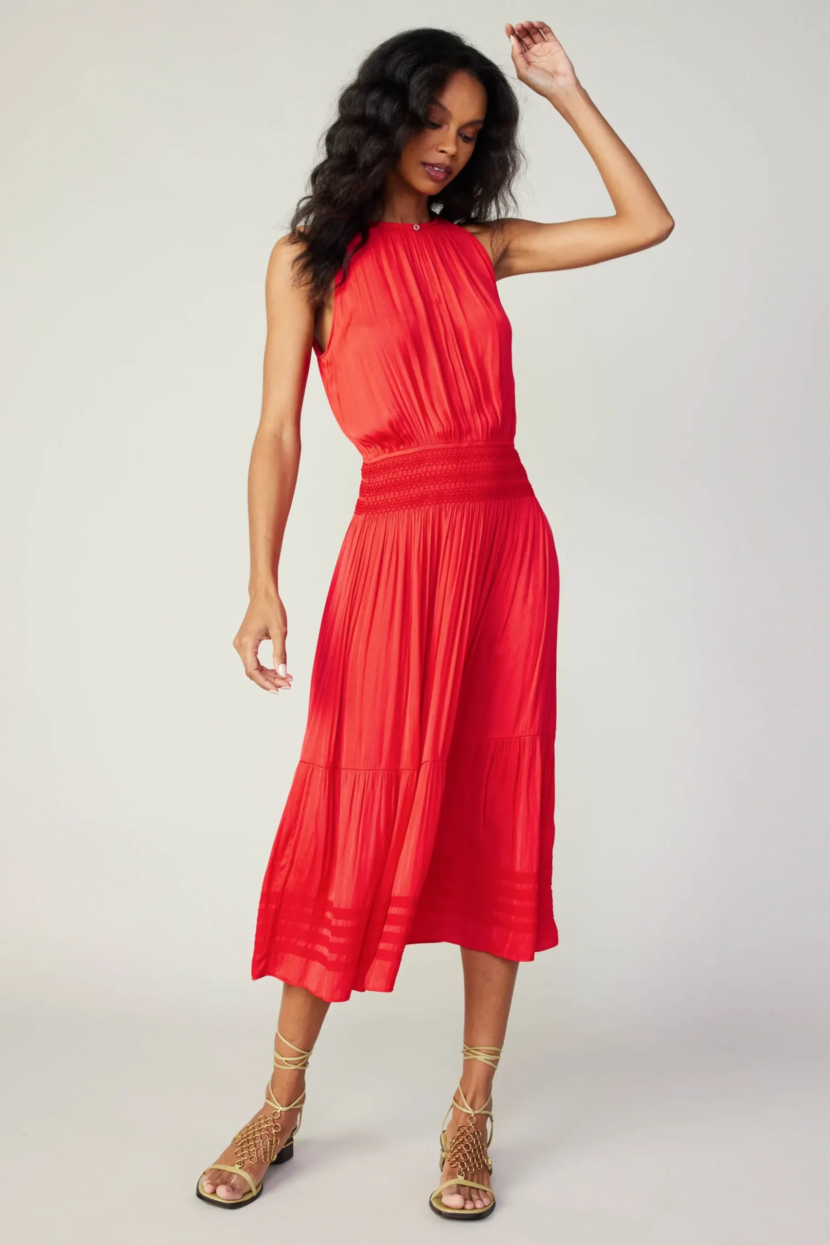 Midi Dresses-Current Air Halter Smocked Midi Dress RED