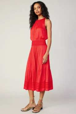 Midi Dresses-Current Air Halter Smocked Midi Dress RED