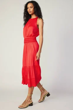 Midi Dresses-Current Air Halter Smocked Midi Dress RED