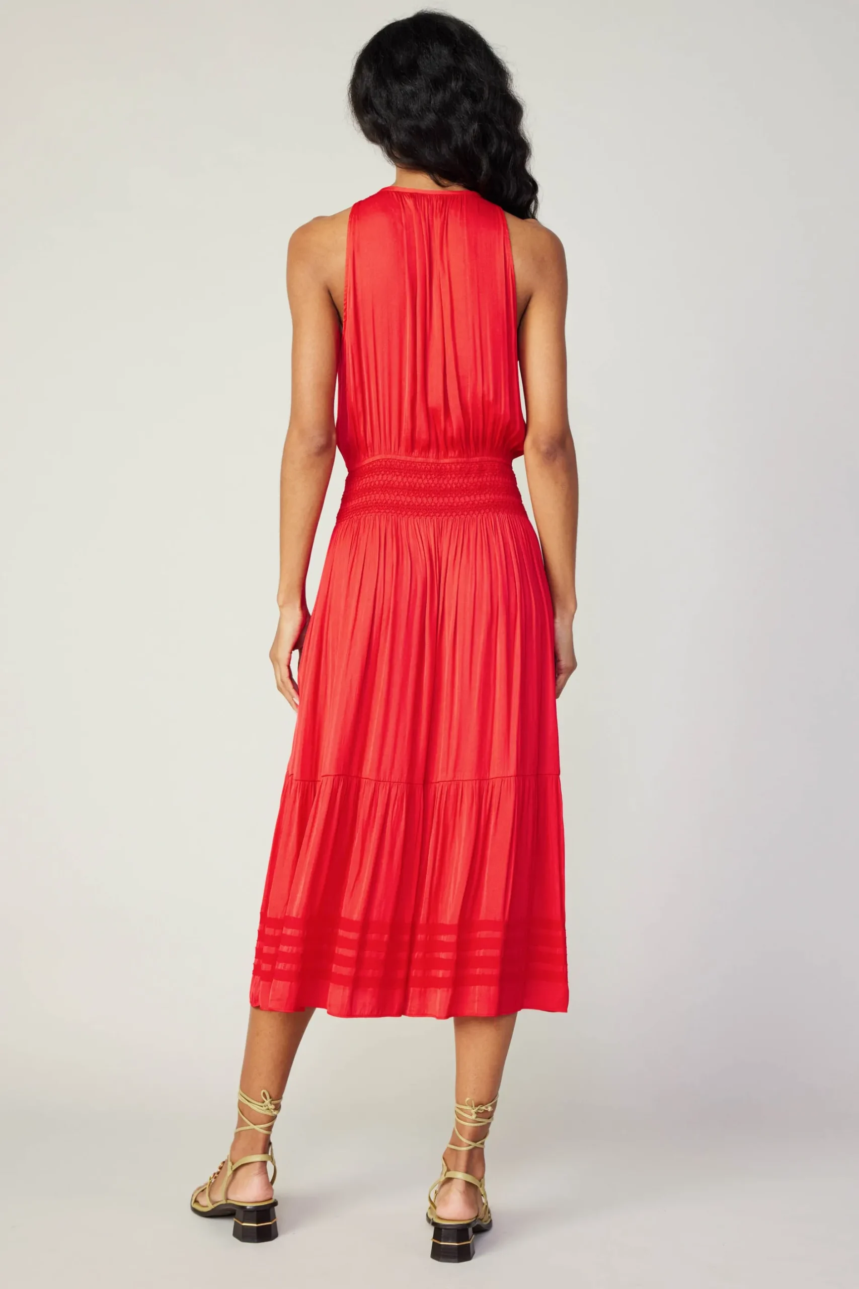 Midi Dresses-Current Air Halter Smocked Midi Dress RED