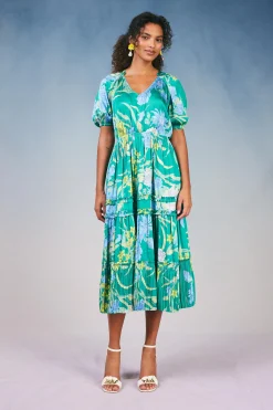 Midi Dresses-Current Air Hana Botanical Midi Dress GREENFLORAL