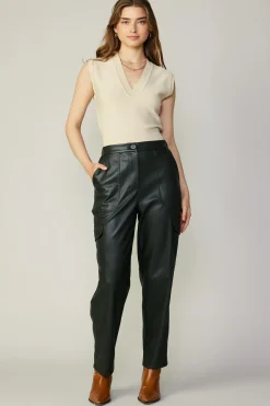 Pants-Current Air High Rise Leather Trousers DARKGREEN