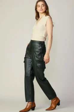 Pants-Current Air High Rise Leather Trousers DARKGREEN