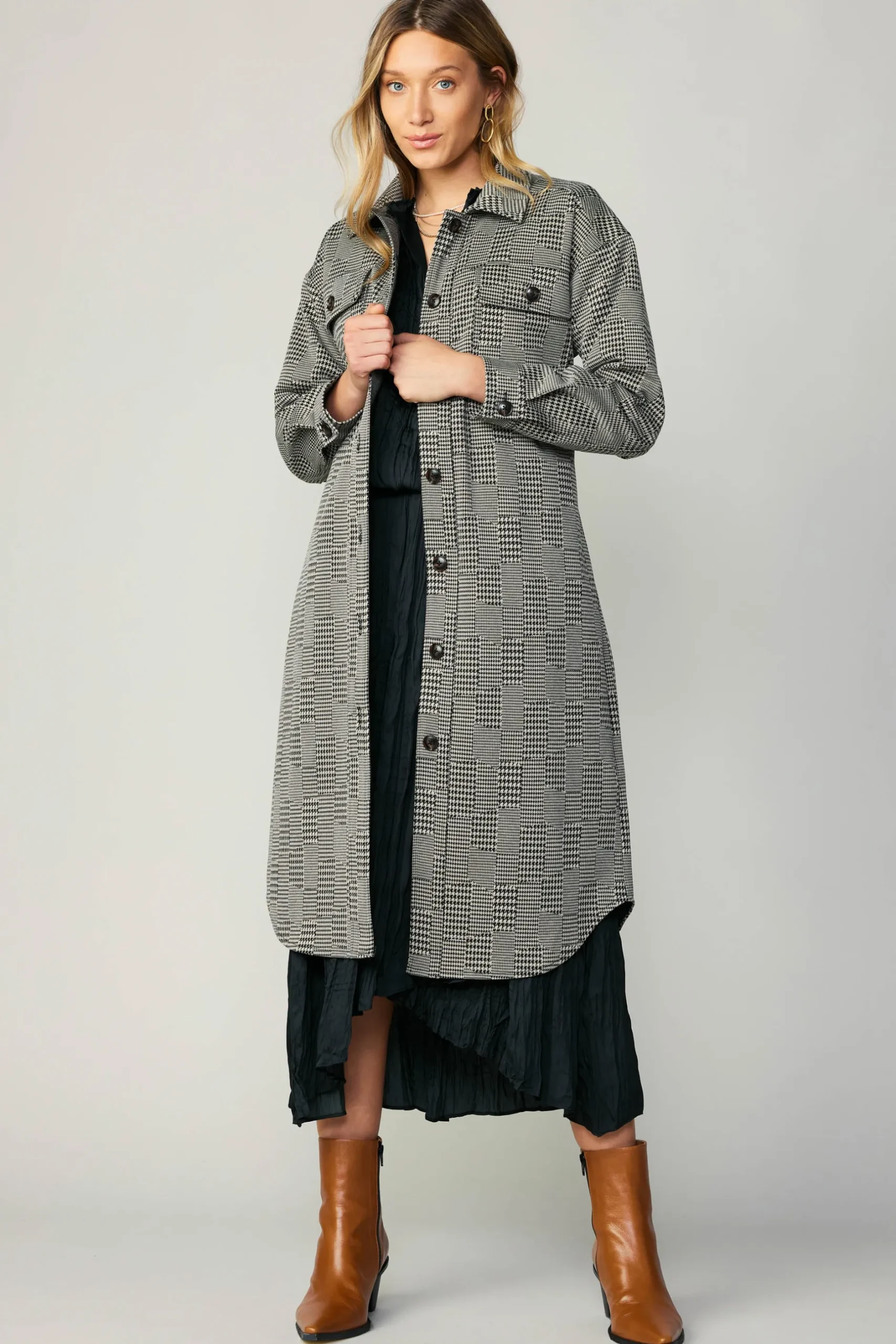 Coats & Jackets-Current Air Houndstooth Long Shacket Coat Grey