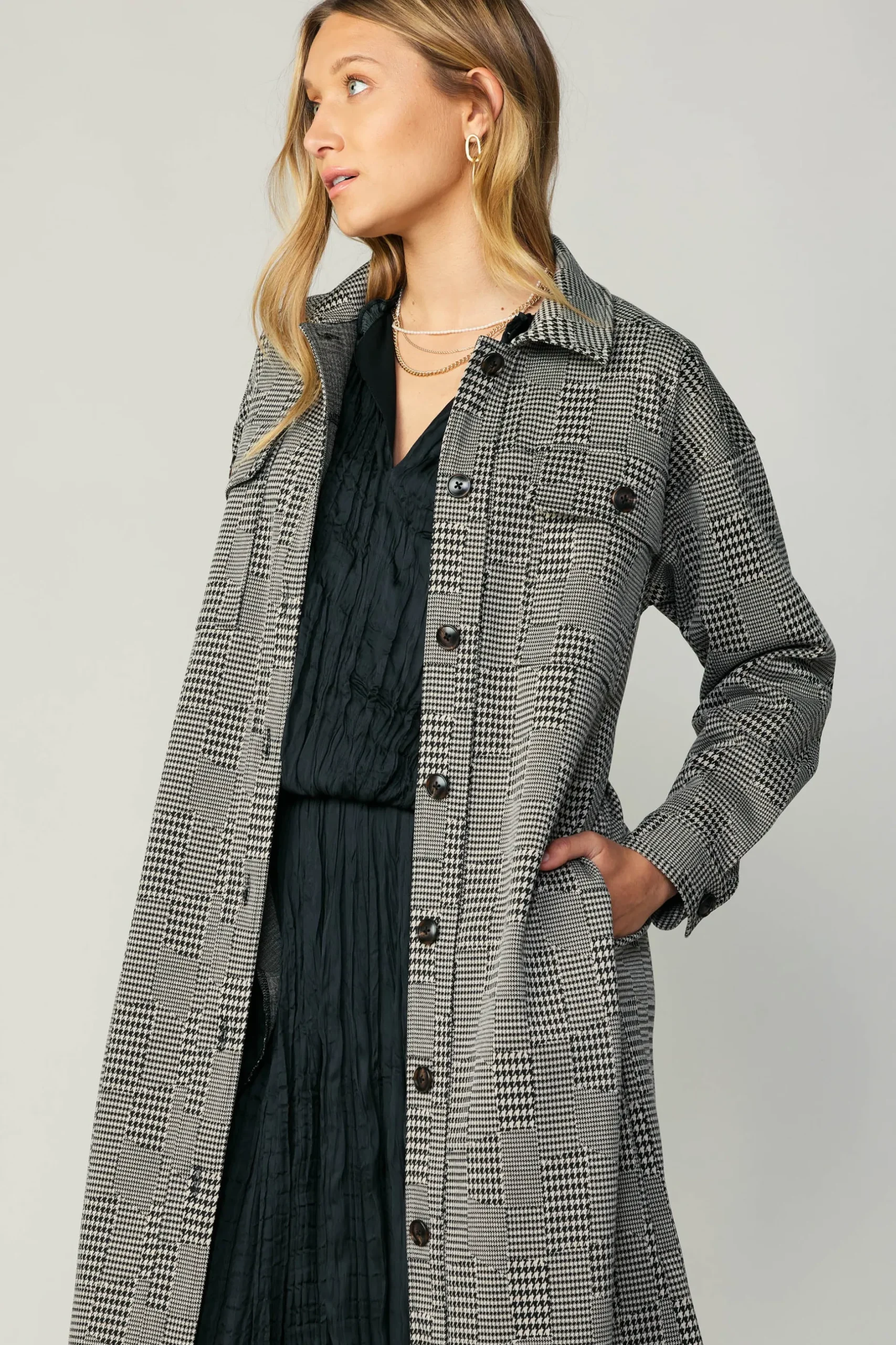 Coats & Jackets-Current Air Houndstooth Long Shacket Coat Grey