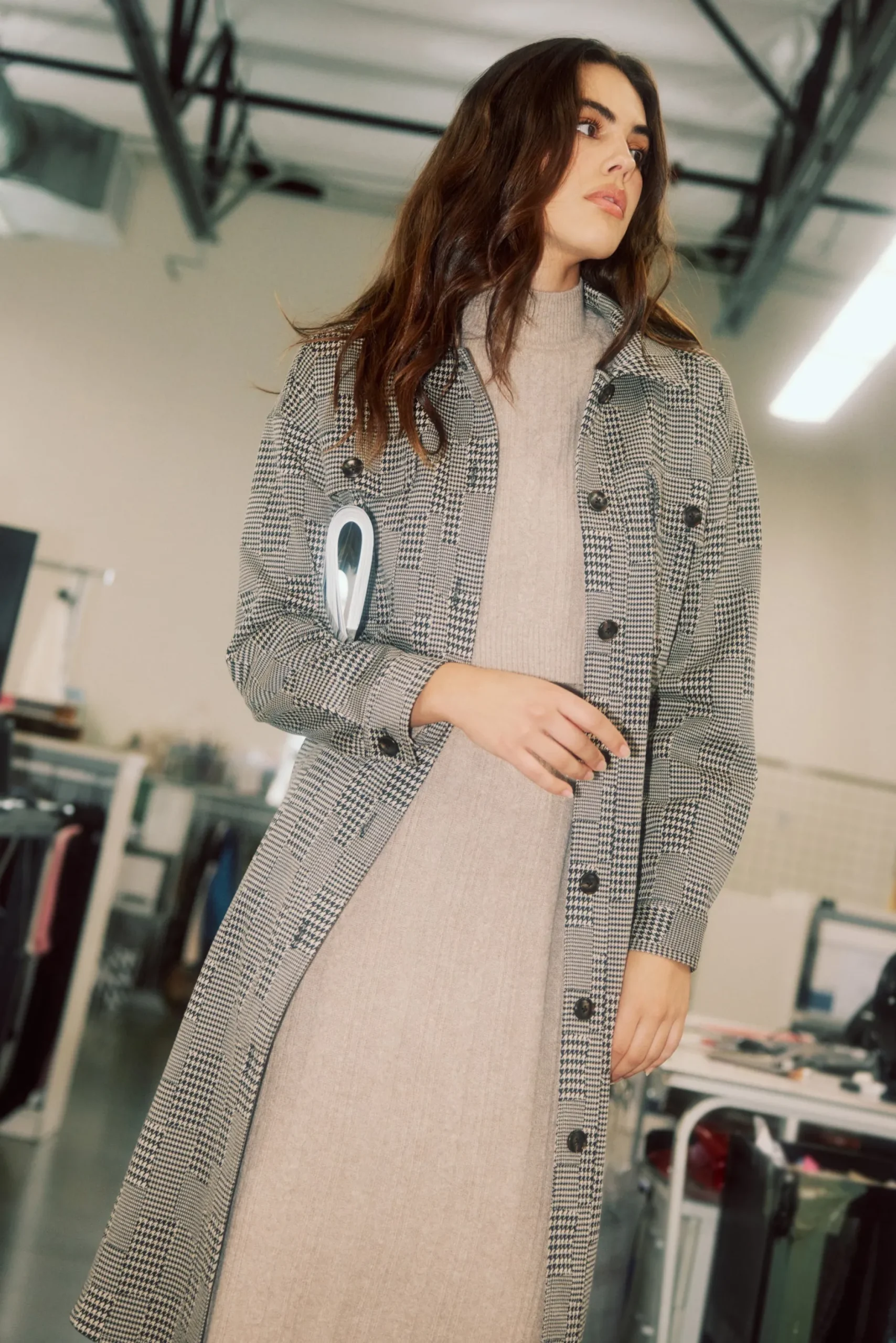 Coats & Jackets-Current Air Houndstooth Long Shacket Coat Grey