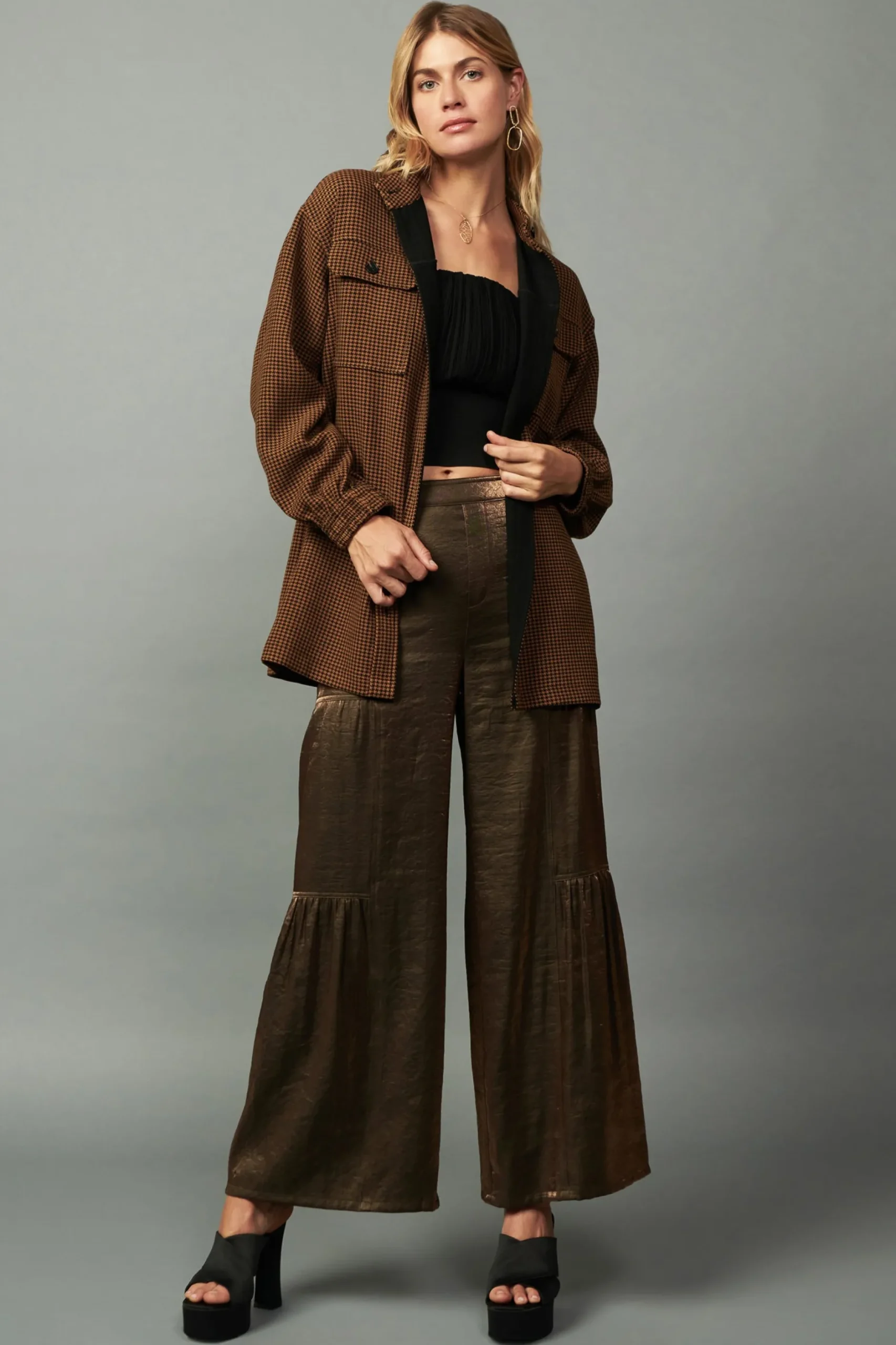 Coats & Jackets-Current Air Houndstooth Oversized Jacket TOFFEE