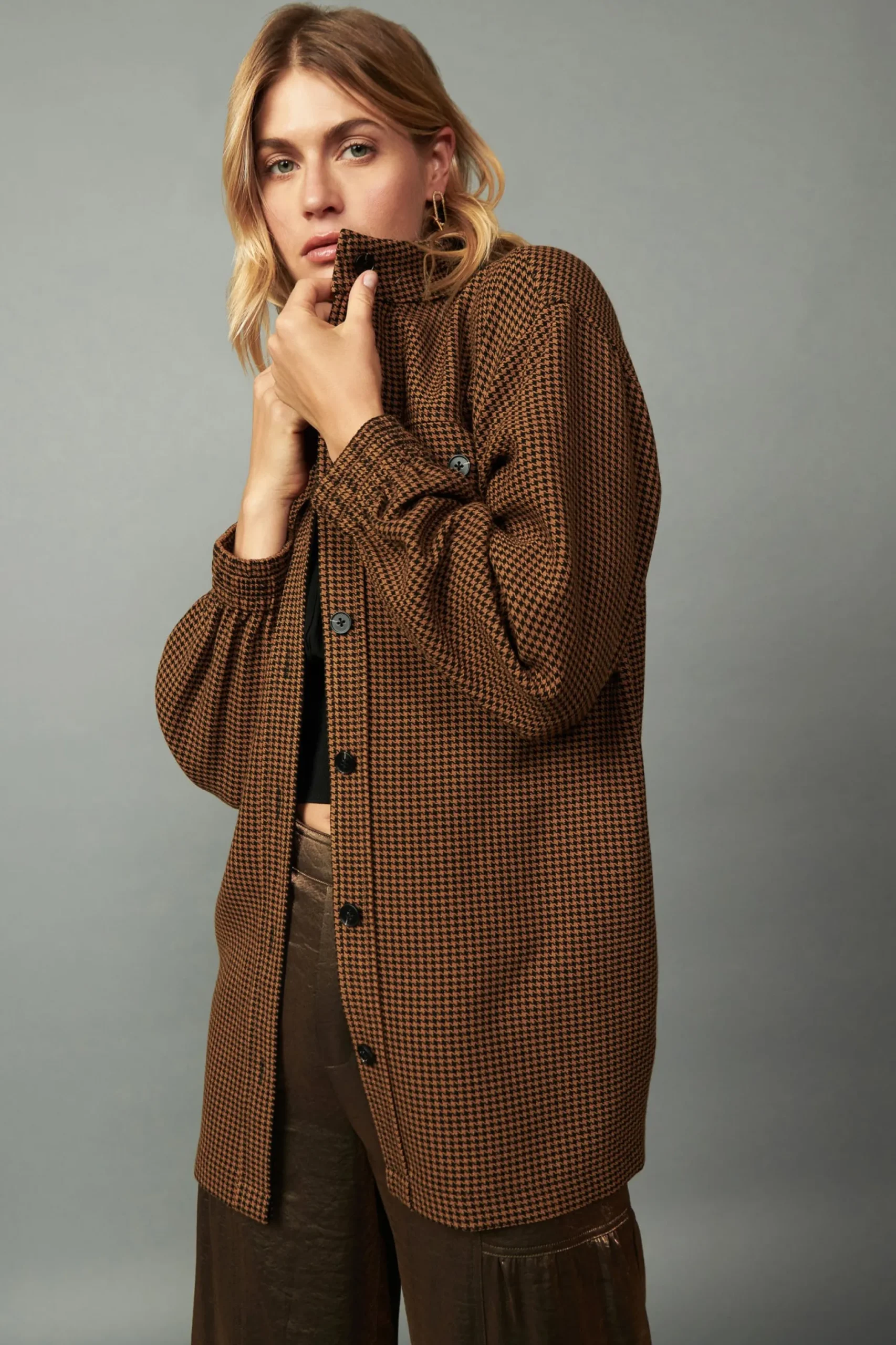 Coats & Jackets-Current Air Houndstooth Oversized Jacket TOFFEE