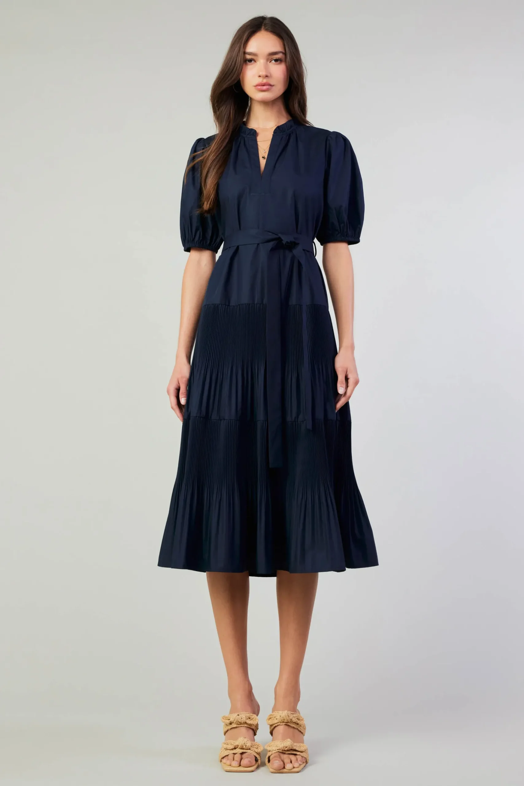 Midi Dresses-Current Air Ilana Pleated Midi Dress NAVY