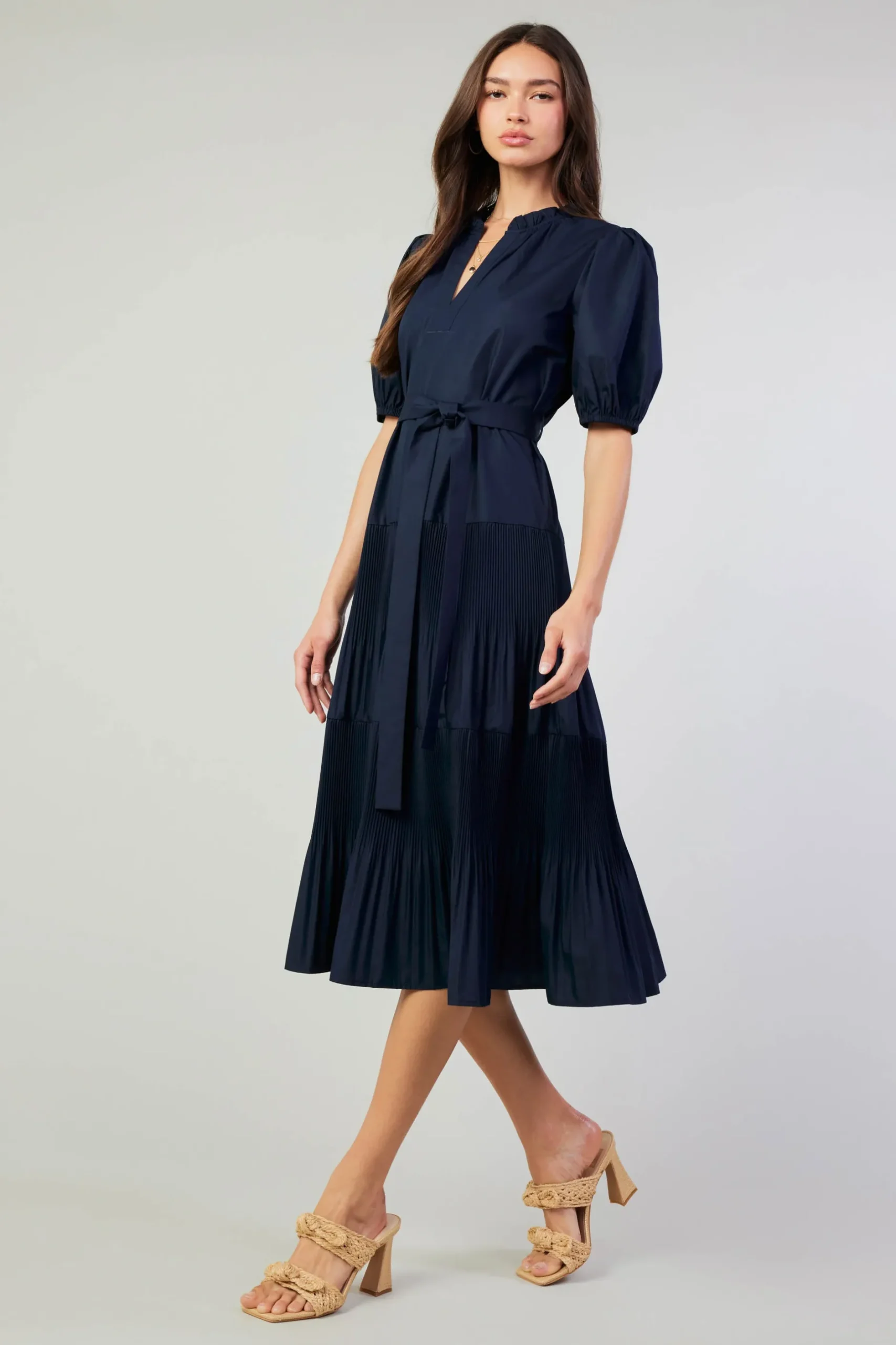 Midi Dresses-Current Air Ilana Pleated Midi Dress NAVY