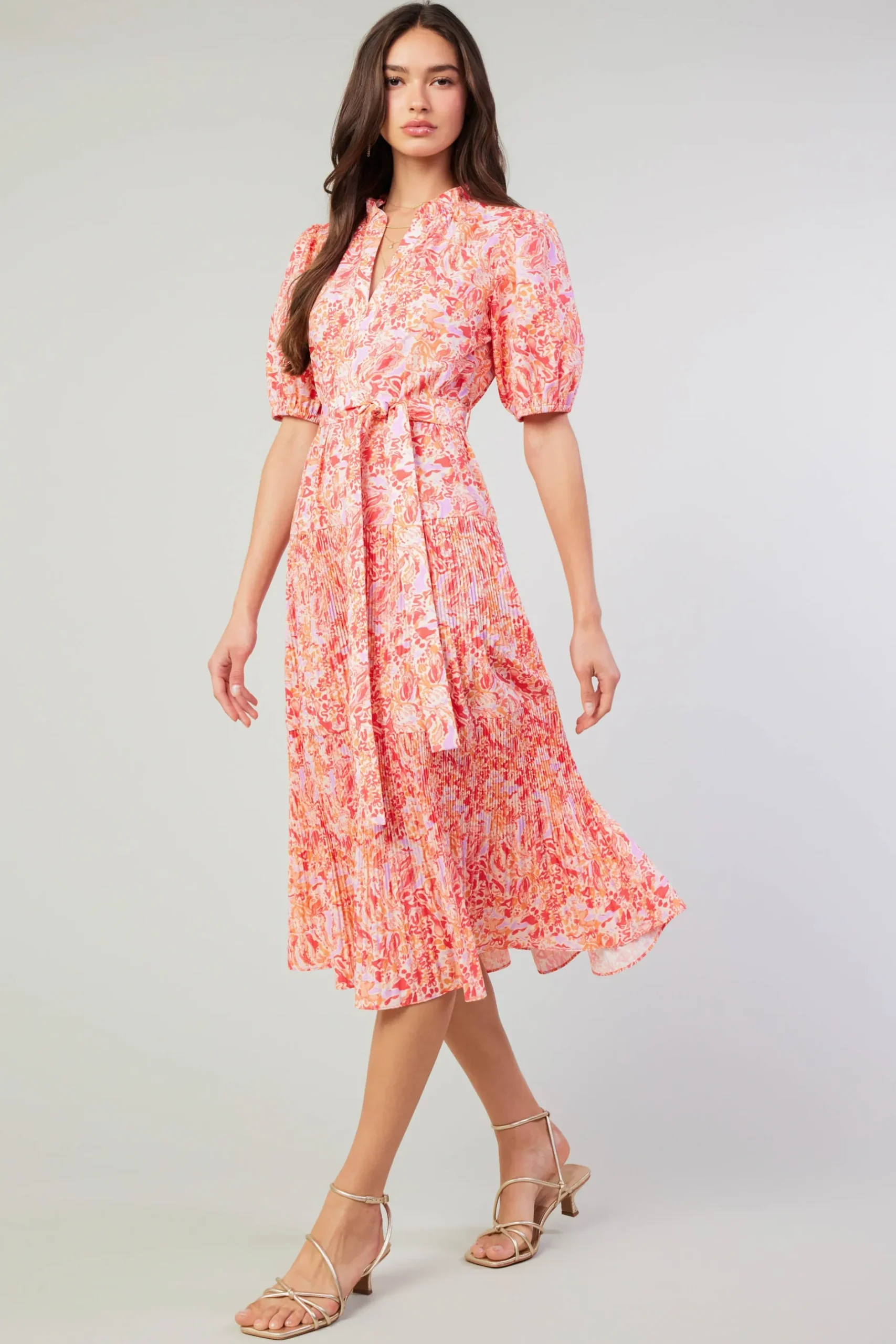 Midi Dresses-Current Air Ilana Pleated Midi Dress REDMLT