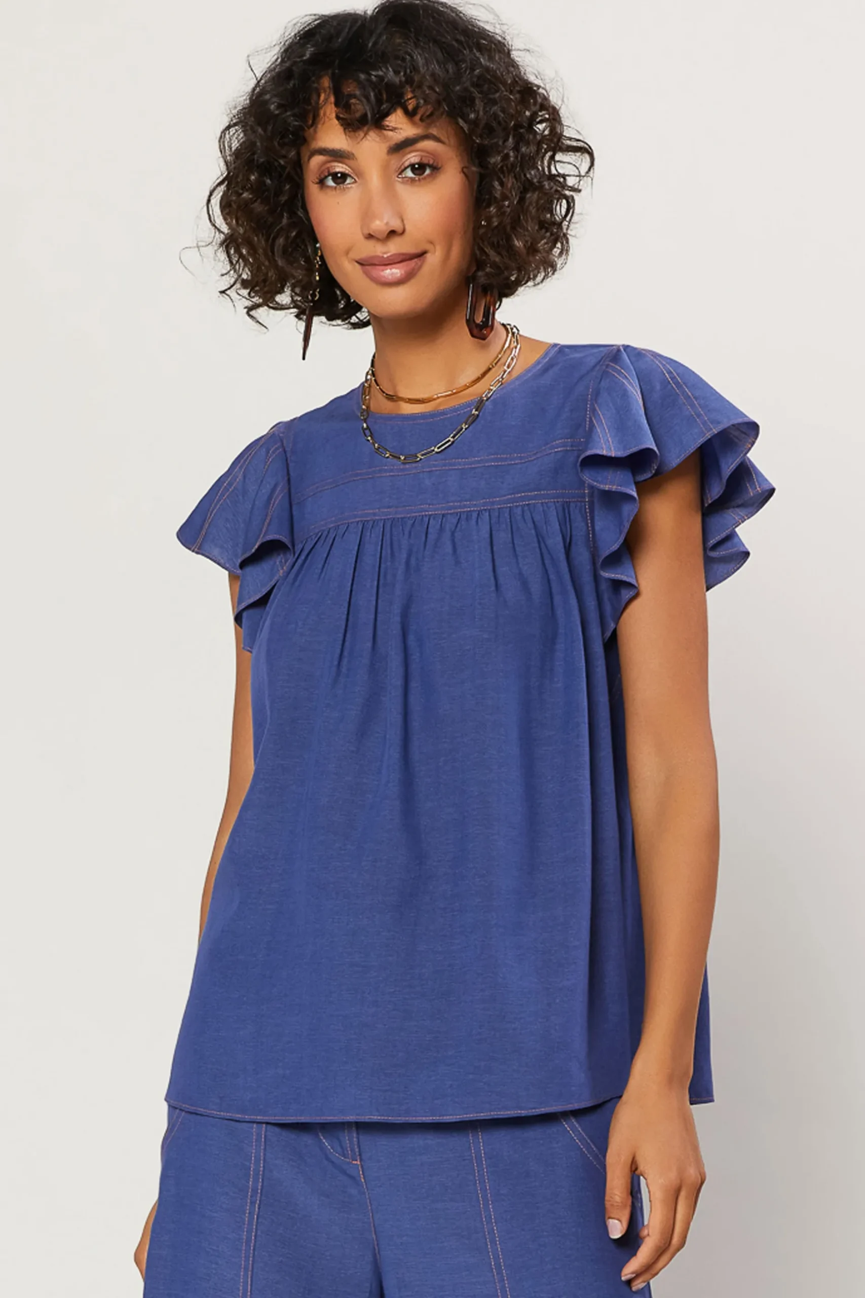Short Sleeve Tops-Current Air Indigo Ruffled Sleeve Top DENIMBLUE