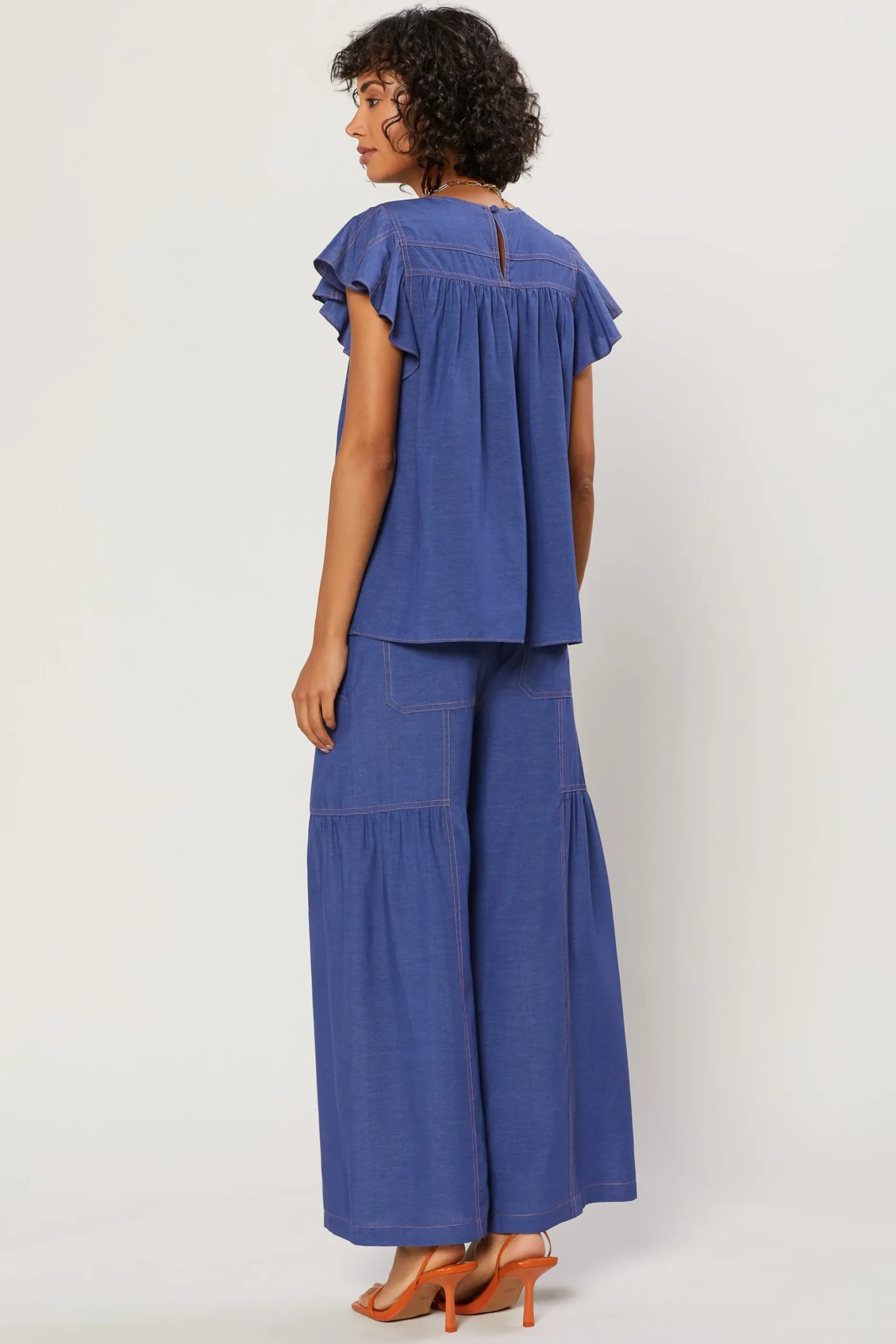 Short Sleeve Tops-Current Air Indigo Ruffled Sleeve Top DENIMBLUE